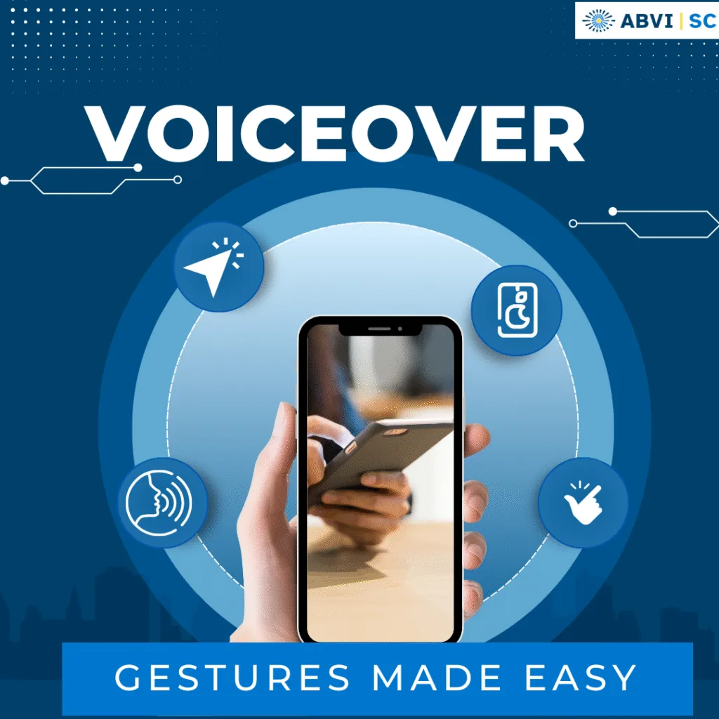 A hand holds a cell phone that bears the image of another hand holding a cell phone. Text above photo reads VoiceOver Gestures Made Easy.