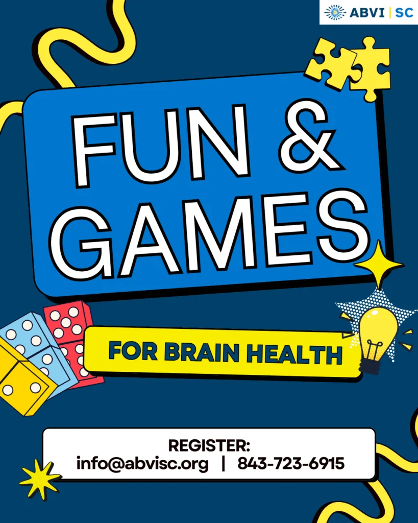 Blue background with puzzle pieces, dominoes, and a lightbulb graphics. Text reads Fun and Games for Brain Health.
