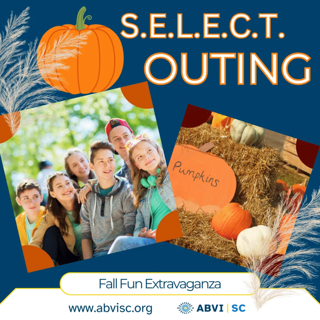 Two photos: one of a group of teens taking a selfie and the a photo of a pumpkin patch display with hay bales. Orange text on blue background reads SELECT Outing. Fall Fun Extravaganza.