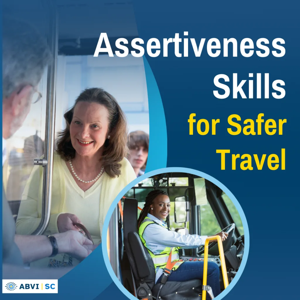 A photo of a woman conversing with a bus driver. A smaller round photo below it shows a friendly, female bus driver. Text above photos reads Assertiveness Skills for Safer Travel.