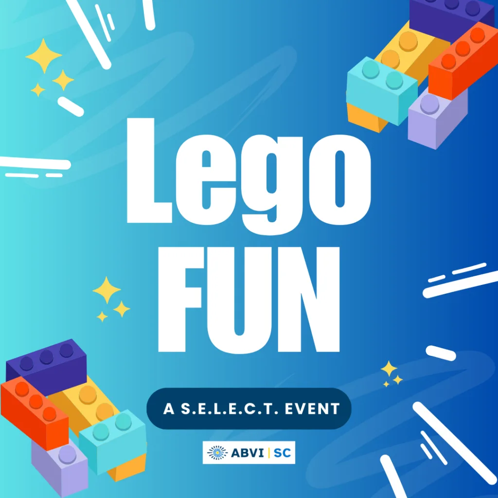 Colorful lego blocks decorate the corners on a bright blue background. Text reads Lego Fun, a SELECT event.
