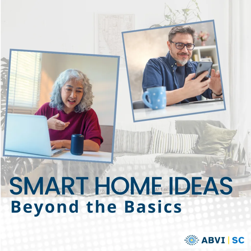 A photo of a woman sitting at a desk with her laptop and a photo of a man holding his cell phone while sitting at a desk. Both photos overlay a background scene of a living room. Text below reads Smart Home Ideas. Beyond the Basics.