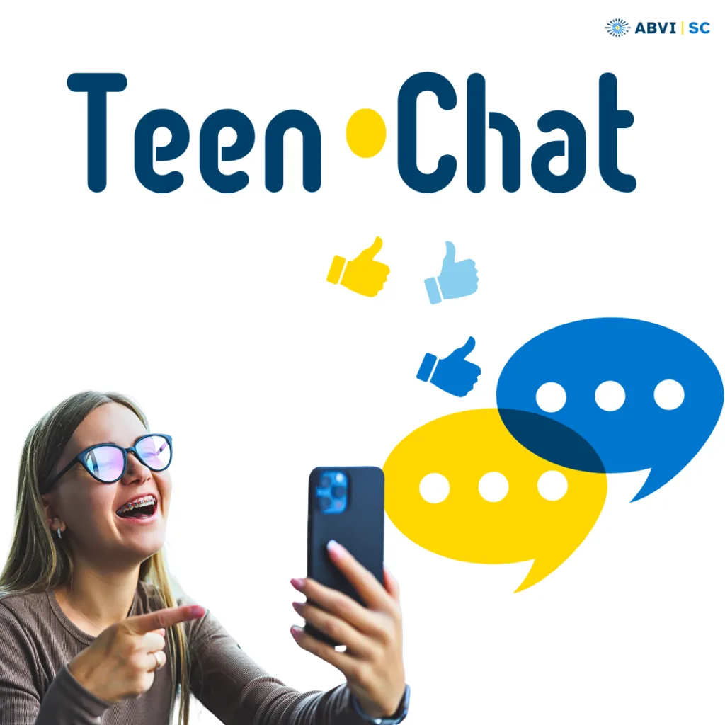 A teen girl in eyeglasses holds up a cellphone, smiling and pointing to it. Text bubbles and thumbs up graphics decorate the page with text that reads Teen Chat