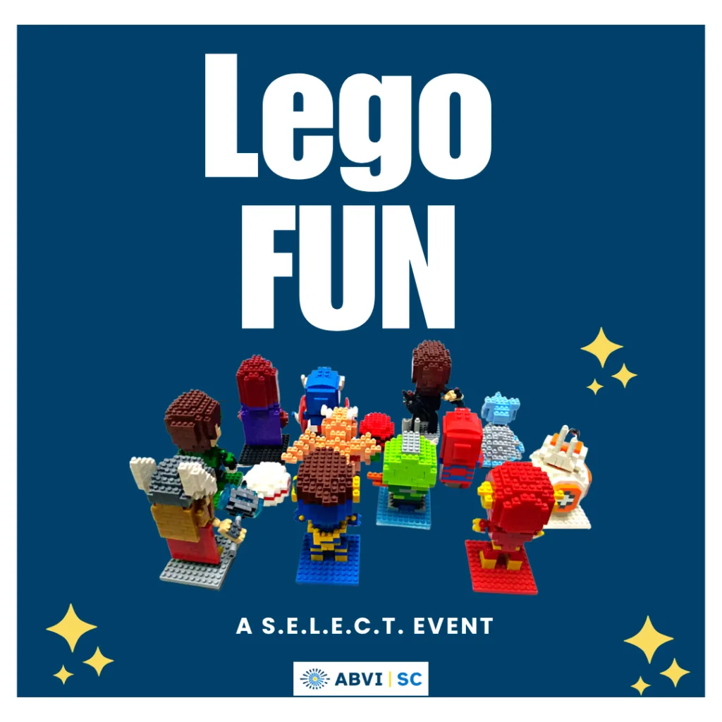 Lego figurines sit together facing bold text that reads Lego Fun on a dark blue background. ABVI logo at bottom