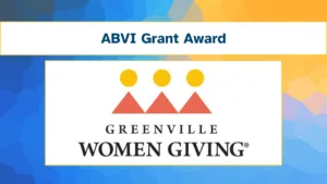 Orange and yellow logo for Greenville Women Giving overlayed on a blue and yellow background