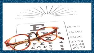 Background photo of an eye chart and eyeglasses.