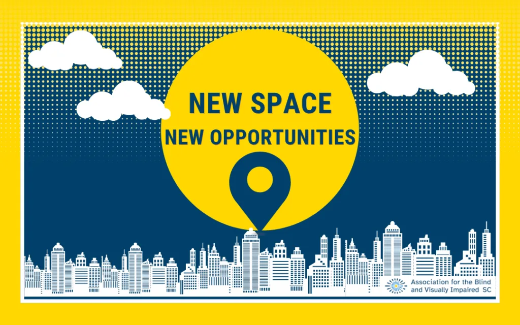 A yellow sun sets against an outline of a city. Text within the circular sun reads New Space. New Opportunities.