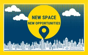 A yellow sun sets against an outline of a city. Text within the circular sun reads New Space. New Opportunities.