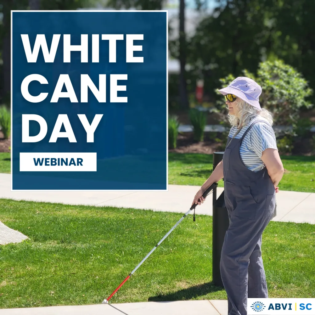 A woman wearing a bucket hat and sunglasses uses a long white cane to walk through a city park. Text to left reads White Cane Day. ABVI logo bottom right.