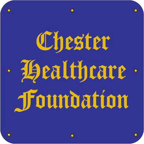 Yellow text on blue background reads Chester Healthcare Foundation