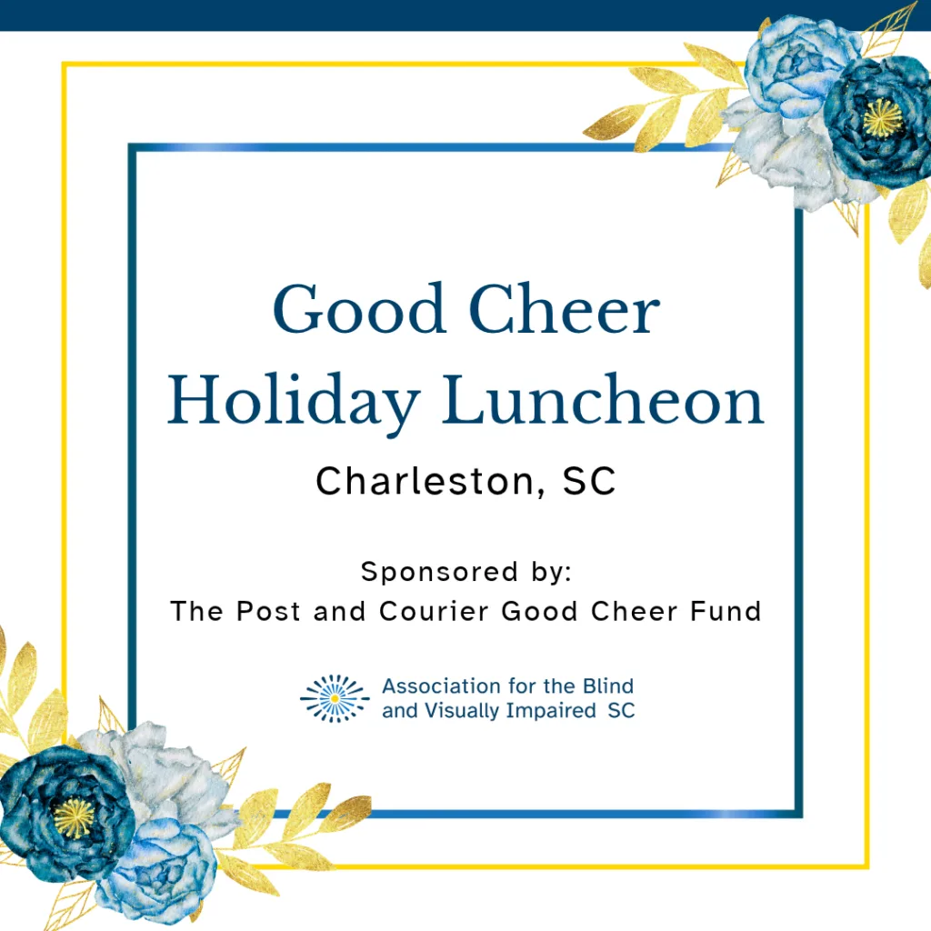Good Cheer Holiday Luncheon Invite is decorated by a blue and gold border with a spray of blue flowers in the top right and bottom left corners