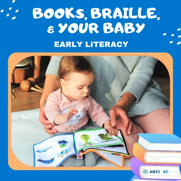 A parent sits on the floor reading with a baby, as the baby looks at the picture book