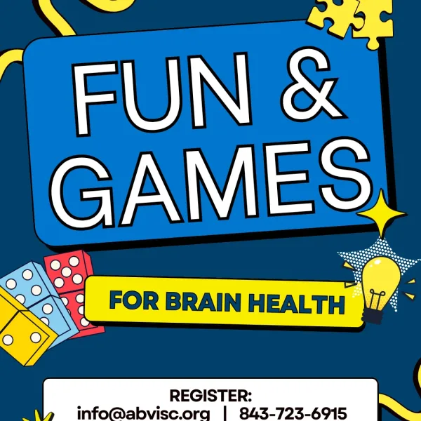 Fall 25 Fun and Games Blue background with puzzle pieces, dominoes, and a lightbulb graphics. Text reads Fun and Games for Brain Health.