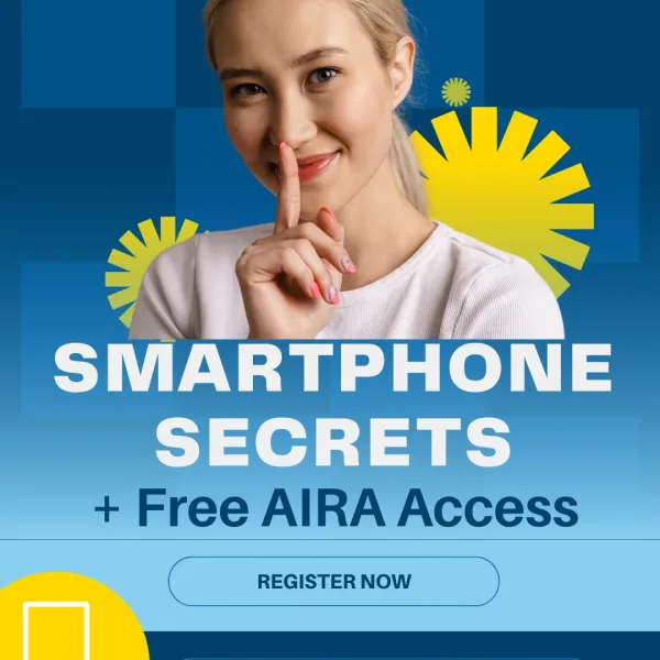 Fall 25 Smartphone Secrets A woman puts one finger to her mouth while grinning. Text reads Smartphone Secrets