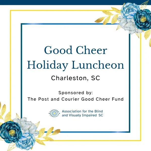 Good Cheer Holiday Luncheon Invite is decorated by a blue and gold border with a spray of blue flowers in the top right and bottom left corners