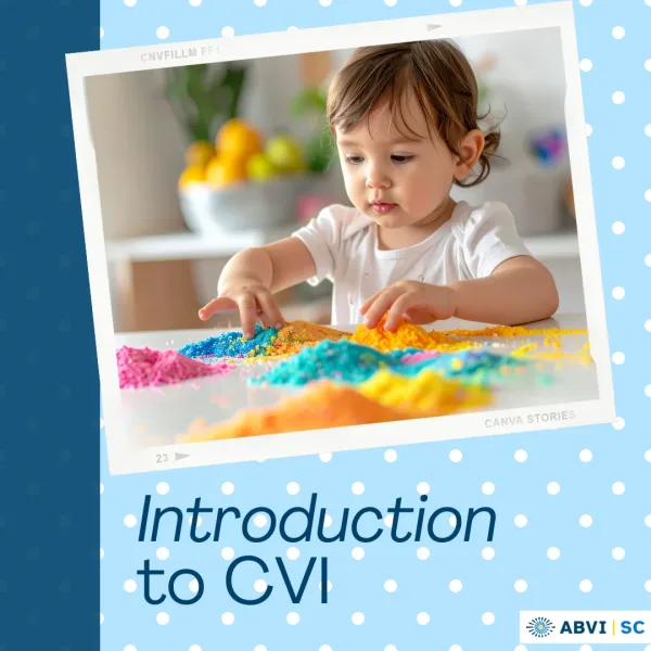 A toddler girl plays in colorful sand while seated at a table. Text reads Introduction to CVI.