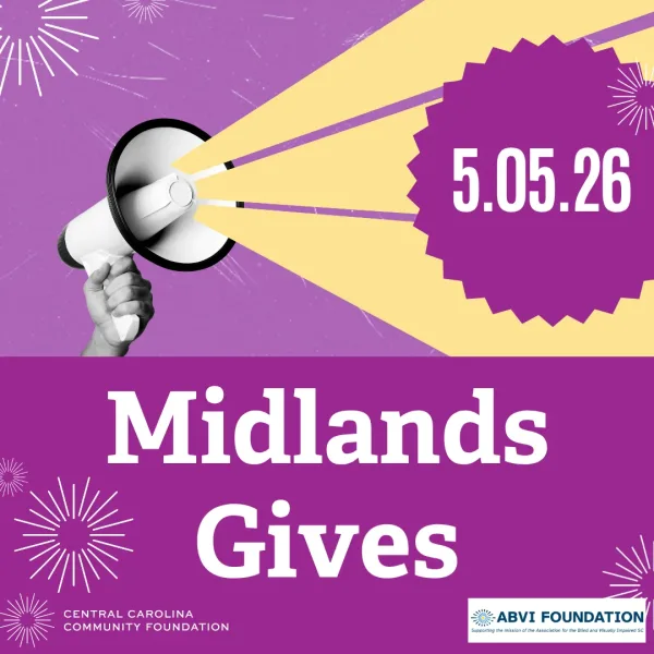 A graphic of a megaphone sits on a purple background. White text reads May 5, 2026. Midlands Gives. Central Carolina Community Foundation logo and the ABVI Foundation logo sit at bottom.