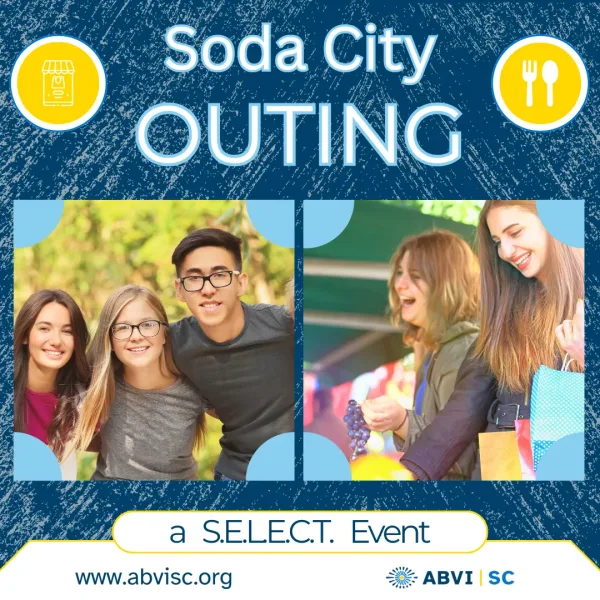 Two photos: a boy and two girls grouped together laughing, and a photo of two girls shopping at an outdoor market. Text reads Soda City Outing. A SELECT event